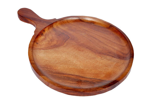 Wooden Pizza Plate/Pan with Handle, Pizza, Snacks Bat Shape Serving Platter/Tray for Kitchen & Restaurant 12 Inch, Brown, Pack of 1