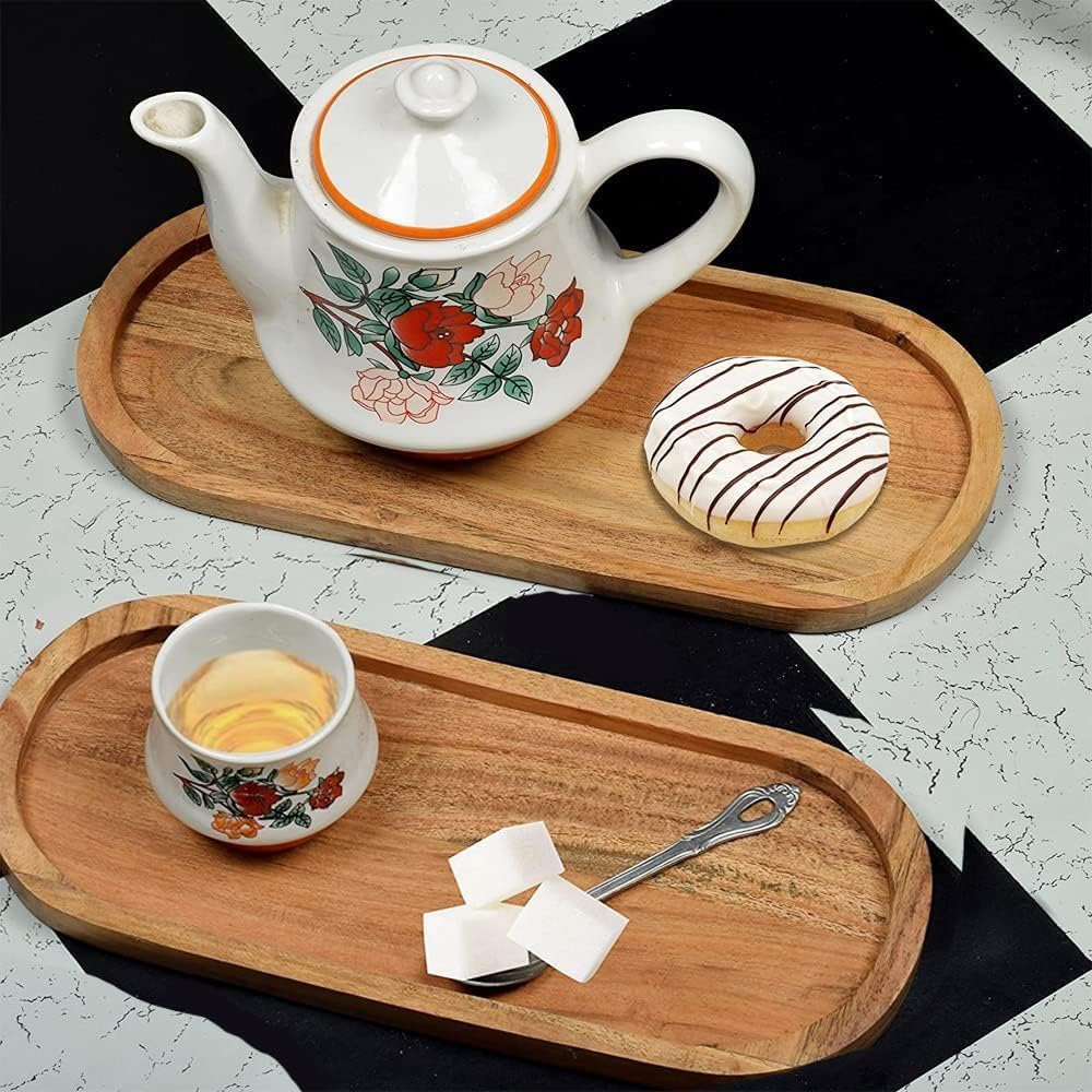 Wooden Serving Platter, Handmade Multipurpose Trays Coffee, Tea, Snacks, Breakfast, Food, Modern Rect Design Tray, Oval Shape Plate for Home & Kitchen, 12X5 Inch, 3 Pcs