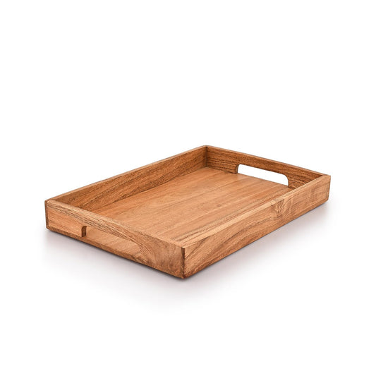 Wooden Serving Tray with Handle, Multipurpose Extra Large Wooden Tray for Breakfast, Dinner, Coffee Table, Mango Wood Decorative Rectangular Tray for Home & Kitchen, 15x10 Inch, 1 pc
