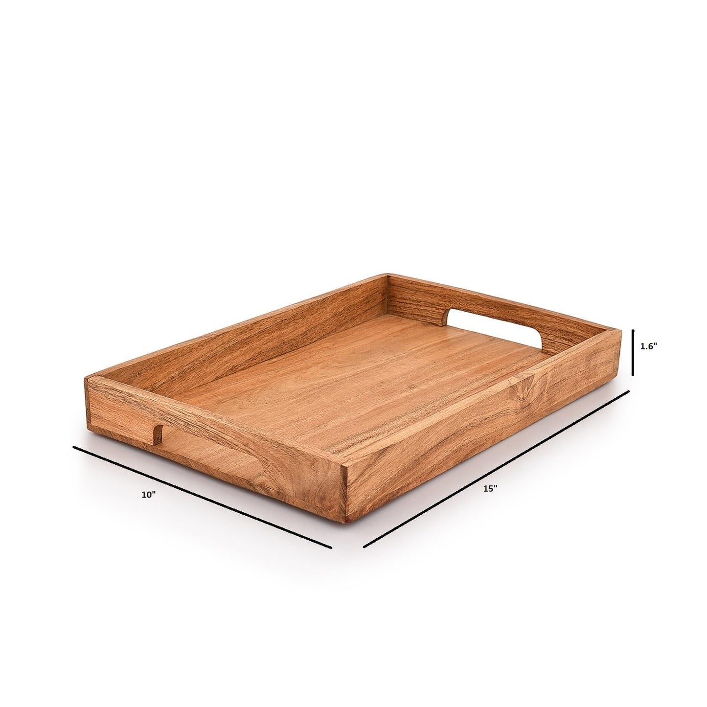 Wooden Serving Tray with Handle, Multipurpose Extra Large Wooden Tray for Breakfast, Dinner, Coffee Table, Mango Wood Decorative Rectangular Tray for Home & Kitchen, 15x10 Inch, 1 pc