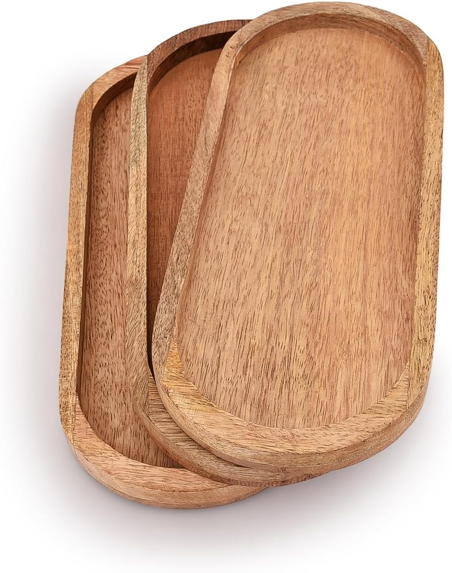 Wooden Serving Platter, Handmade Multipurpose Trays Coffee, Tea, Snacks, Breakfast, Food, Modern Rect Design Tray, Oval Shape Plate for Home & Kitchen, 12X5 Inch, 3 Pcs
