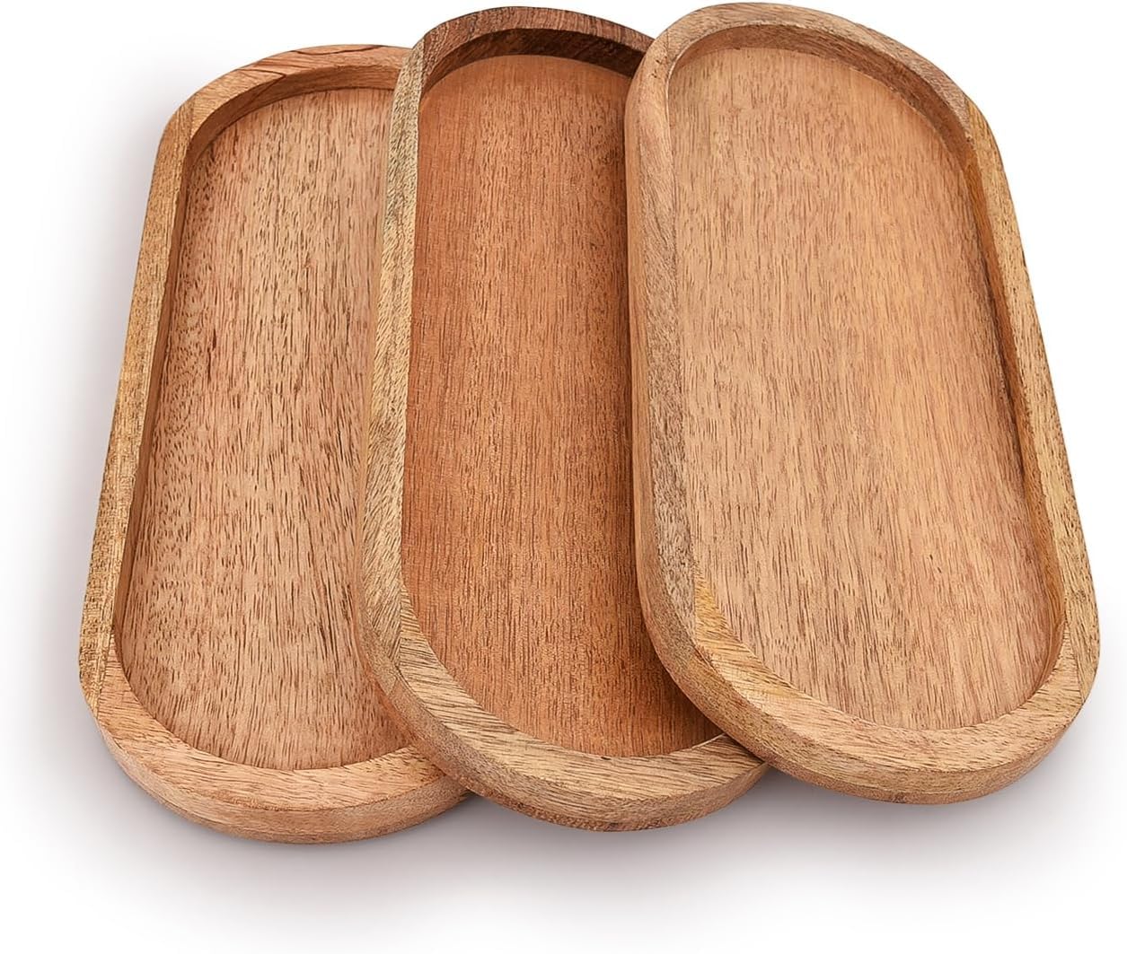 Wooden Serving Platter, Handmade Multipurpose Trays Coffee, Tea, Snacks, Breakfast, Food, Modern Rect Design Tray, Oval Shape Plate for Home & Kitchen, 12X5 Inch, 3 Pcs