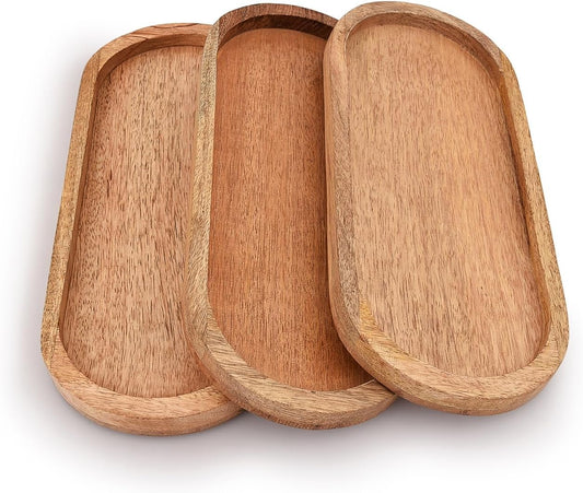 Wooden Serving Platter, Handmade Multipurpose Trays Coffee, Tea, Snacks, Breakfast, Food, Modern Rect Design Tray, Oval Shape Plate for Home & Kitchen, 12X5 Inch, 3 Pcs
