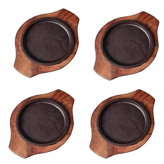 Cast Iron & Wooden Brownie Sizzler Plate/Tray with Wooden Base Wooden, Round Shape Sizzling Brownie Serving Tray for Restaurant, Hotel, Home and Kitchen 4 Pc (5 inch)