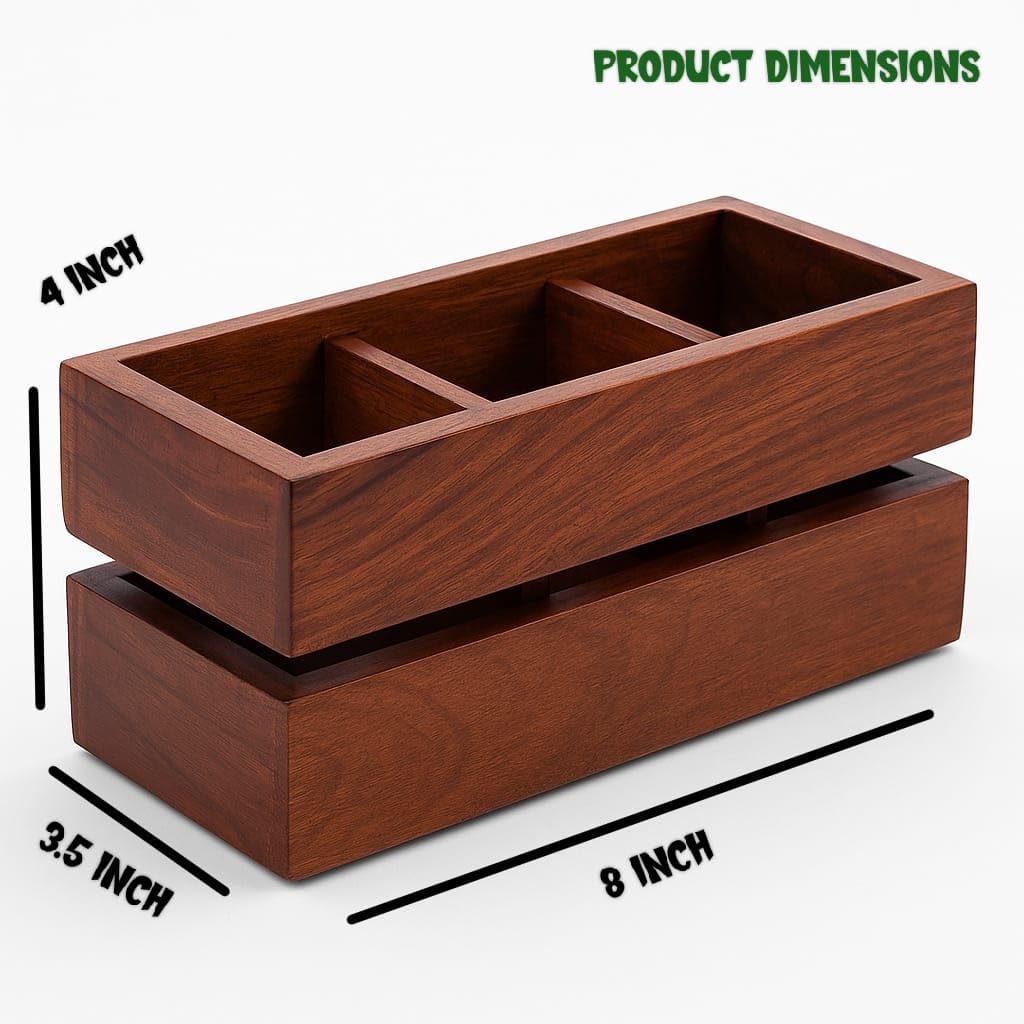 Wooden Cutlery Stand Multipurpose Spoon Forks, Knives & Napkin Holder, Dining Table Organizer With 3 comaprtment For Home Office Cafe & Restaurant, Size- 8x4x3.5 Inch, Brown 1 Pc