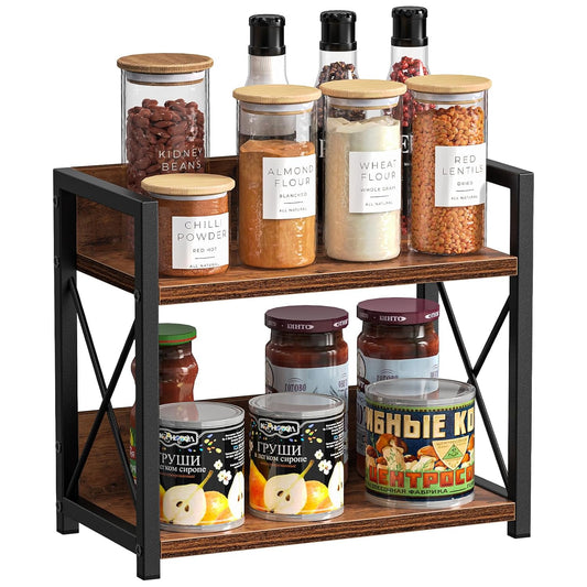 Countertop Shelf Organizer, 2 Tier Kitchen Spice Rack for Countertop, Wood Coffee Counter Shelf Organizer for Home (Brown, S)