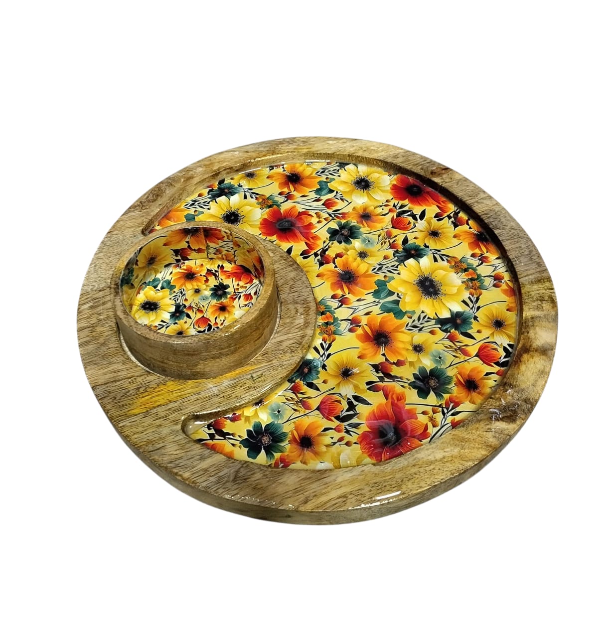 Wooden Multicolor Tray for Serving with Bowl, Combo Round Trays, Hand-Painted Round Platter with Floral Design Home, Kitchen & Dining, 12 Inch Trays 4 inch Bowl