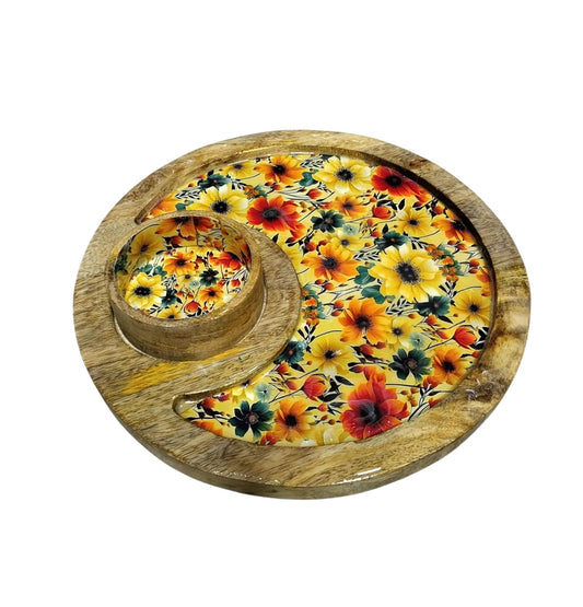 Wooden Multicolor Tray for Serving with Bowl, Combo Round Trays, Hand-Painted Round Platter with Floral Design Home, Kitchen & Dining, 12 Inch Trays 4 inch Bowl