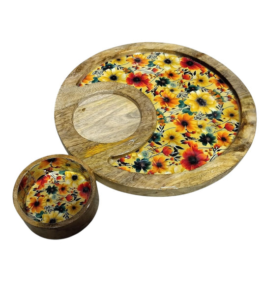 Wooden Multicolor Tray for Serving with Bowl, Combo Round Trays, Hand-Painted Round Platter with Floral Design Home, Kitchen & Dining, 12 Inch Trays 4 inch Bowl