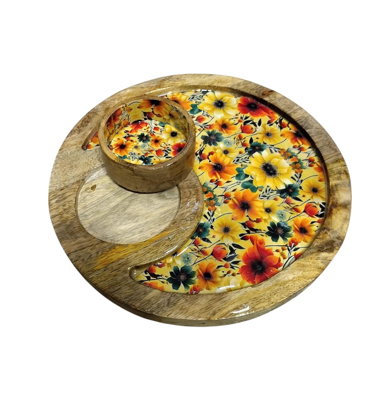 Wooden Multicolor Tray for Serving with Bowl, Combo Round Trays, Hand-Painted Round Platter with Floral Design Home, Kitchen & Dining, 12 Inch Trays 4 inch Bowl