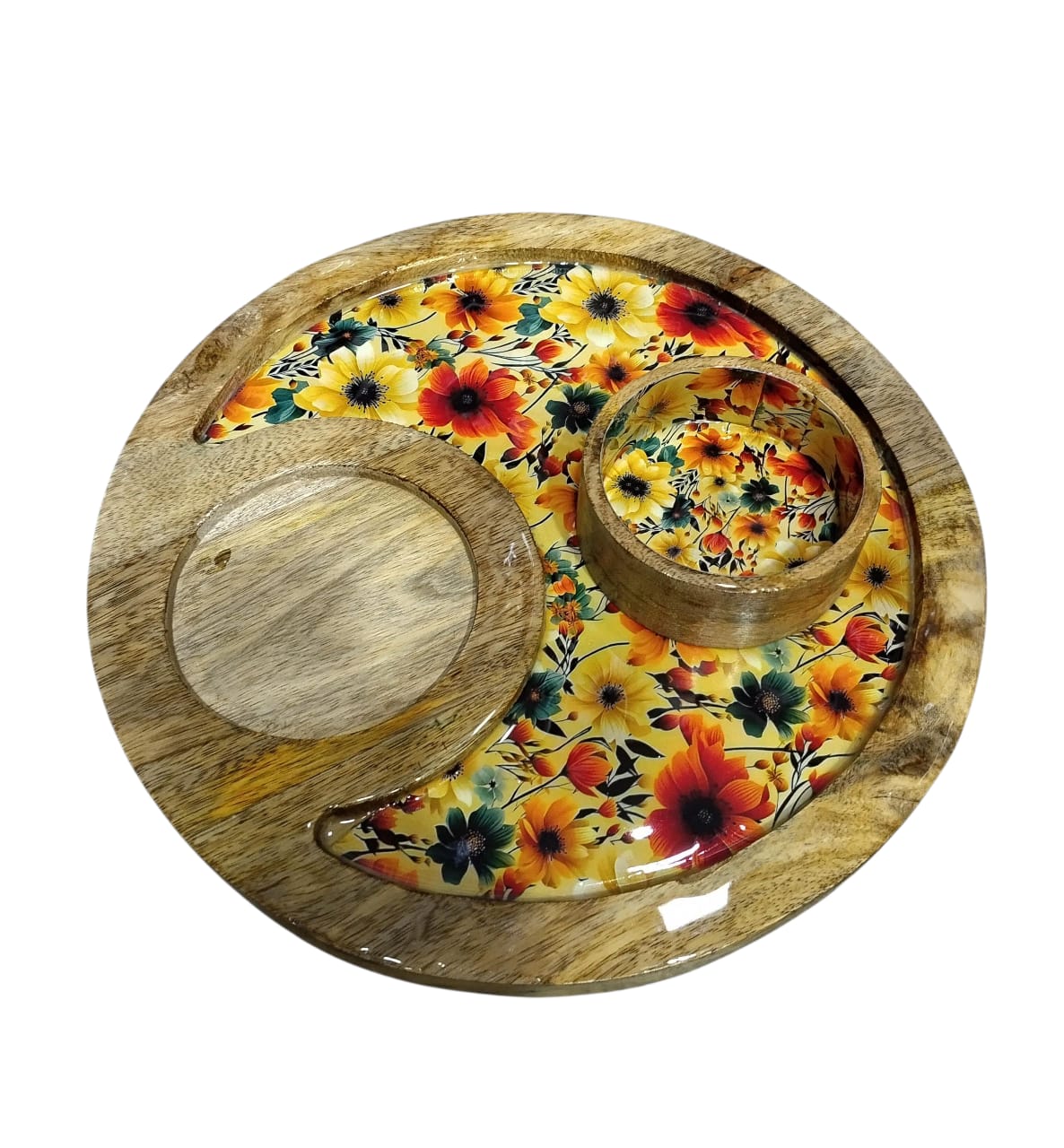 Wooden Multicolor Tray for Serving with Bowl, Combo Round Trays, Hand-Painted Round Platter with Floral Design Home, Kitchen & Dining, 12 Inch Trays 4 inch Bowl
