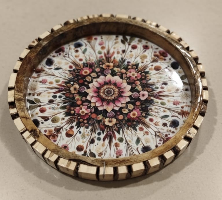 Wooden Multicolor Round Tray for Serving, Mango Wood Round Platter Hand-Painted Floral Design Home, Kitchen & Dining, 12 Inch Trays, Pack of 1