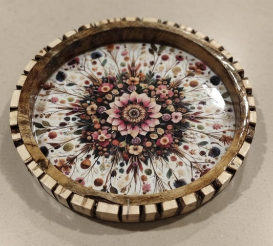 Wooden Multicolor Round Tray for Serving, Mango Wood Round Platter Hand-Painted Floral Design Home, Kitchen & Dining, 12 Inch Trays, Pack of 1