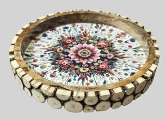Wooden Multicolor Round Tray for Serving, Mango Wood Round Platter Hand-Painted Floral Design Home, Kitchen & Dining, 12 Inch Trays, Pack of 1