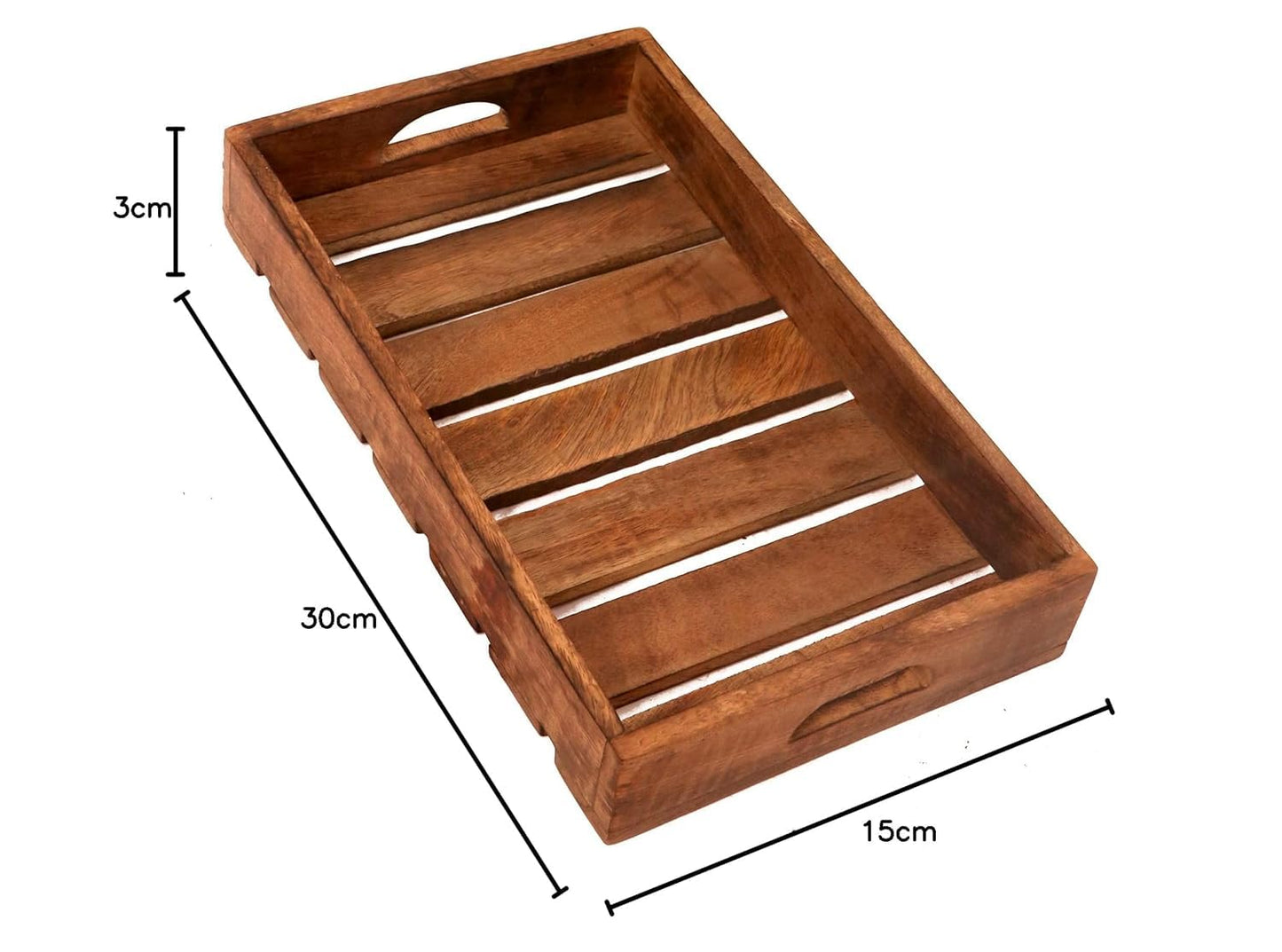 Wooden Serving Tray with Handle, Handmade Multipurpose Coffee, Tea, Breakfast, Food Platter, Modern Fatti Design Tray, Rectangular Platter for Home & Kitchen, 12X6 Inch, 1 Pcs