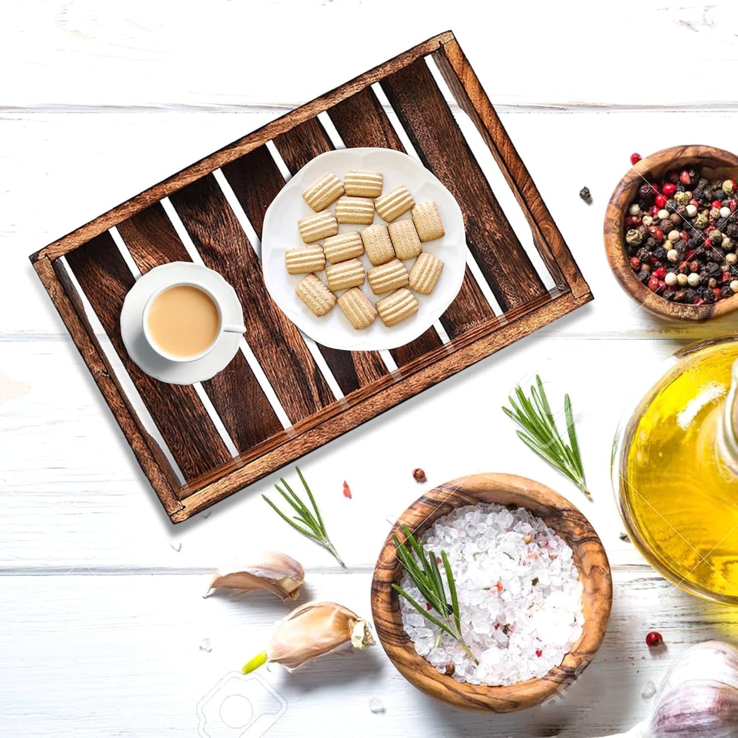 Wooden Serving Tray with Handle, Handmade Multipurpose Coffee, Tea, Breakfast, Food Platter, Modern Fatti Design Tray, Rectangular Platter for Home & Kitchen, 12X6 Inch, 1 Pcs