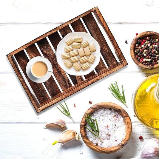 Wooden Serving Tray with Handle, Handmade Multipurpose Coffee, Tea, Breakfast, Food Platter, Modern Fatti Design Tray, Rectangular Platter for Home & Kitchen, 12X6 Inch, 1 Pcs