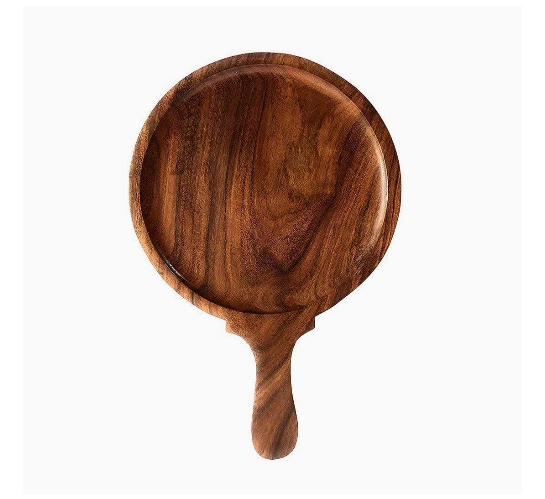 Wooden Pizza Plate/Pan with Handle, Pizza, Snacks Bat Shape Serving Platter/Tray for Kitchen & Restaurant 10x14 Inch, Brown, Pack of 1