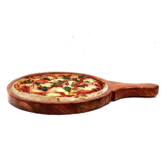 Wooden Pizza Plate/Pan with Handle, Pizza, Snacks Bat Shape Serving Platter/Tray for Kitchen & Restaurant 8 Inch, Brown, Pack of 1