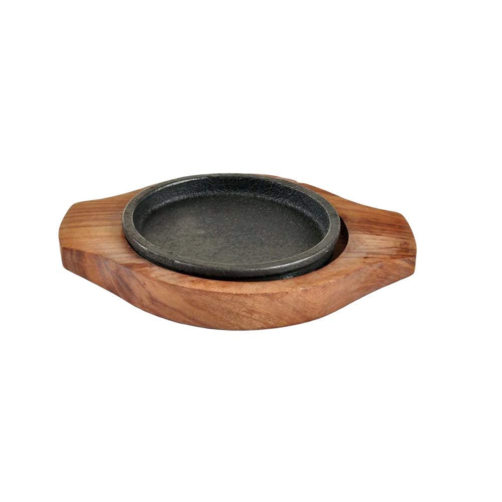 Cast Iron & Wooden Brownie Sizzler Plate/Tray with Wooden Base Wooden, Round Shape Sizzling Brownie Serving Tray for Restaurant, Hotel, Home and Kitchen 4 Pc (5 inch)