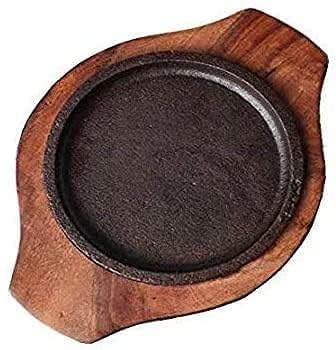 Cast Iron & Wooden Brownie Sizzler Plate/Tray with Wooden Base Wooden, Round Shape Sizzling Brownie Serving Tray for Restaurant, Hotel, Home and Kitchen 1 Pc (6 inch)