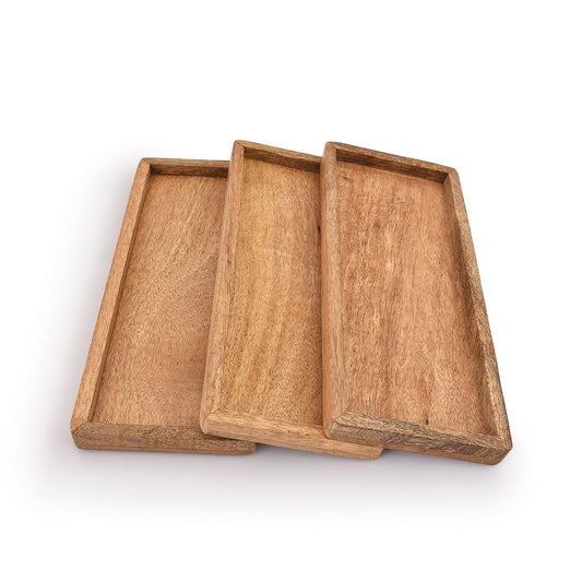Wooden Serving Platter, Handmade Multipurpose Trays Coffee, Tea, Snacks, Breakfast, Food, Modern Rect Design Tray, Rectangular Plate for Home & Kitchen, 12X5 Inch, 3 Pcs