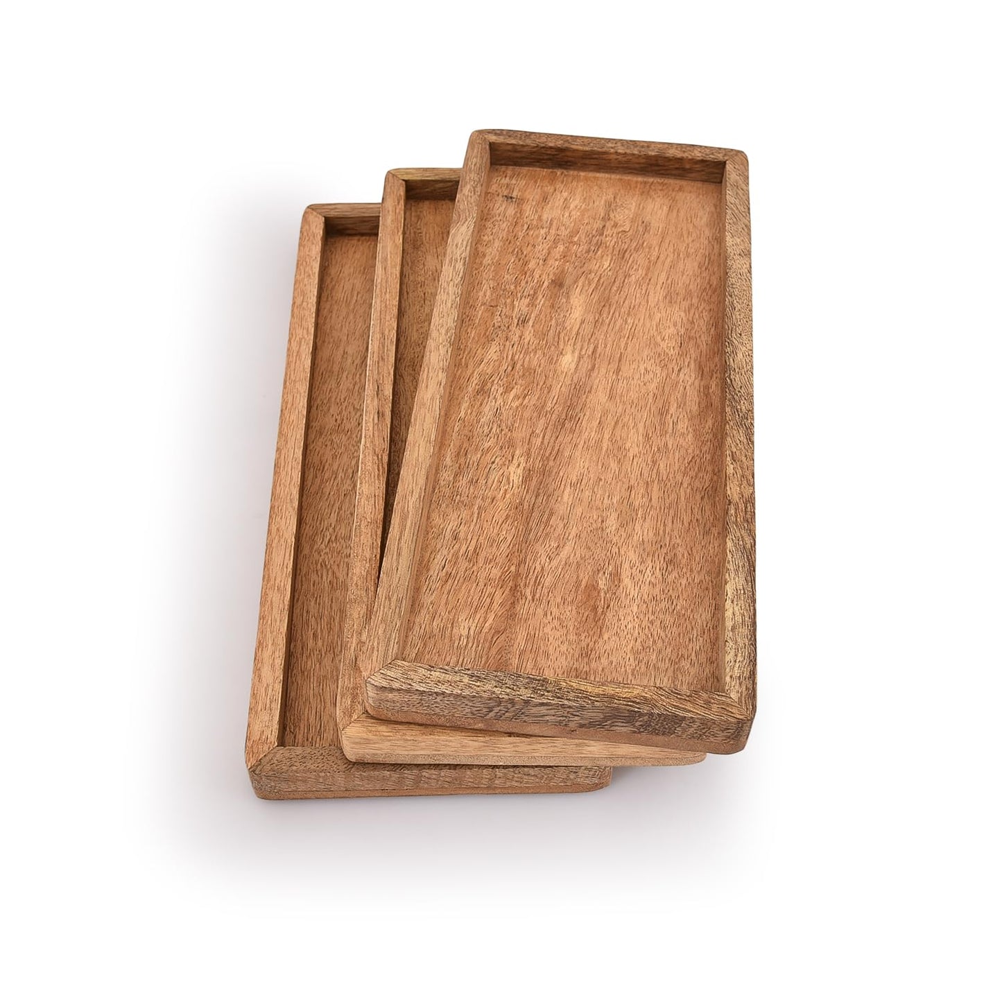 Wooden Serving Platter, Handmade Multipurpose Trays Coffee, Tea, Snacks, Breakfast, Food, Modern Rect Design Tray, Rectangular Plate for Home & Kitchen, 12X5 Inch, 3 Pcs