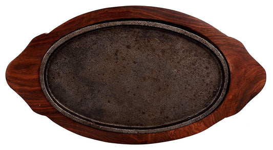 Cast Iron Sizzler Plate with Wooden Stand/Oval Sizzler Serving Tray, Brown, Size 13 x 7 inch, 1 Pcs