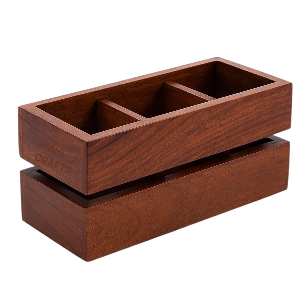 Wooden Cutlery Stand Multipurpose Spoon Forks, Knives & Napkin Holder, Dining Table Organizer With 3 comaprtment For Home Office Cafe & Restaurant, Size- 8x4x3.5 Inch, Brown 1 Pc