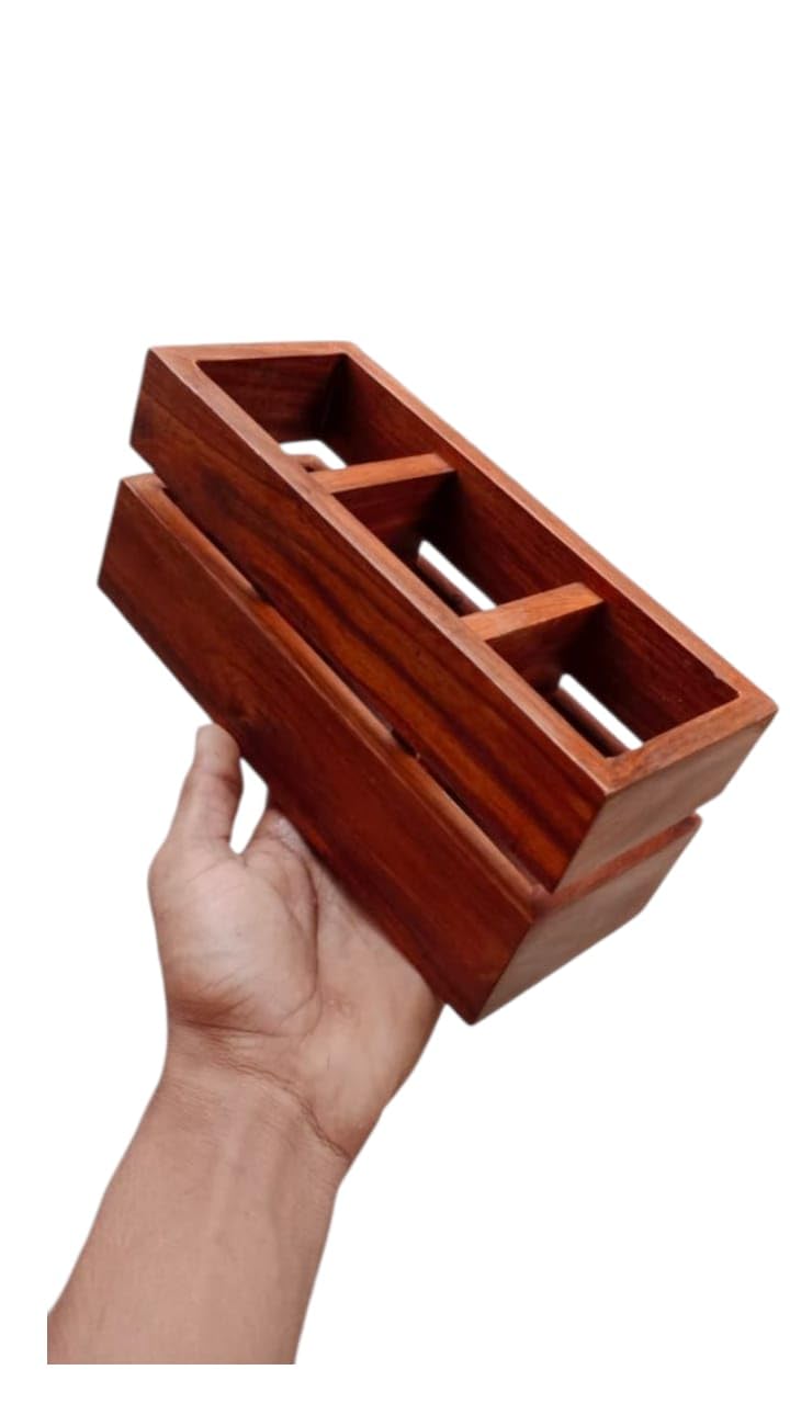 Wooden Cutlery Stand Multipurpose Spoon Forks, Knives & Napkin Holder, Dining Table Organizer With 3 comaprtment For Home Office Cafe & Restaurant, Size- 8x4x3.5 Inch, Brown 1 Pc