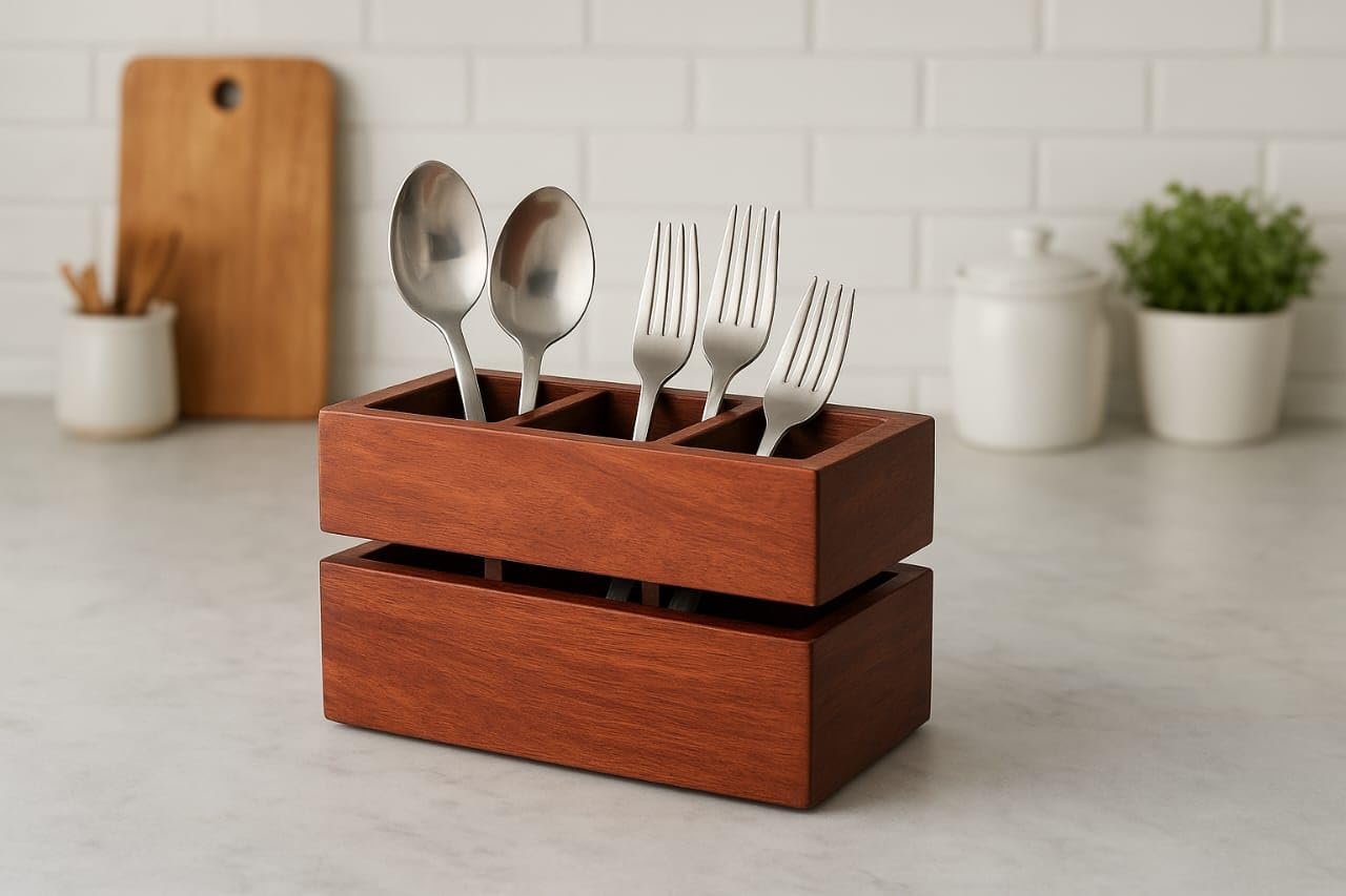 Wooden Cutlery Stand Multipurpose Spoon Forks, Knives & Napkin Holder, Dining Table Organizer With 3 comaprtment For Home Office Cafe & Restaurant, Size- 8x4x3.5 Inch, Brown 1 Pc