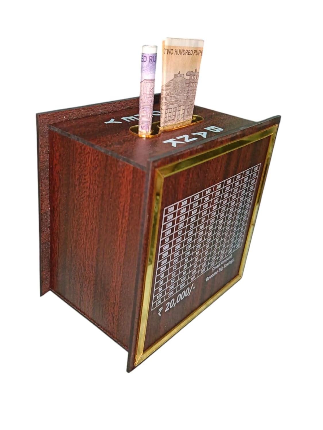 Wooden Money Bank with Savings Chart, Small Money Collection Box, 20000 Rupees Goal Tracker, Self Assembly Required, MDF Wood Saving Piggy Money Save Box, Coin Box, 6X6 Inch, 1 Pc