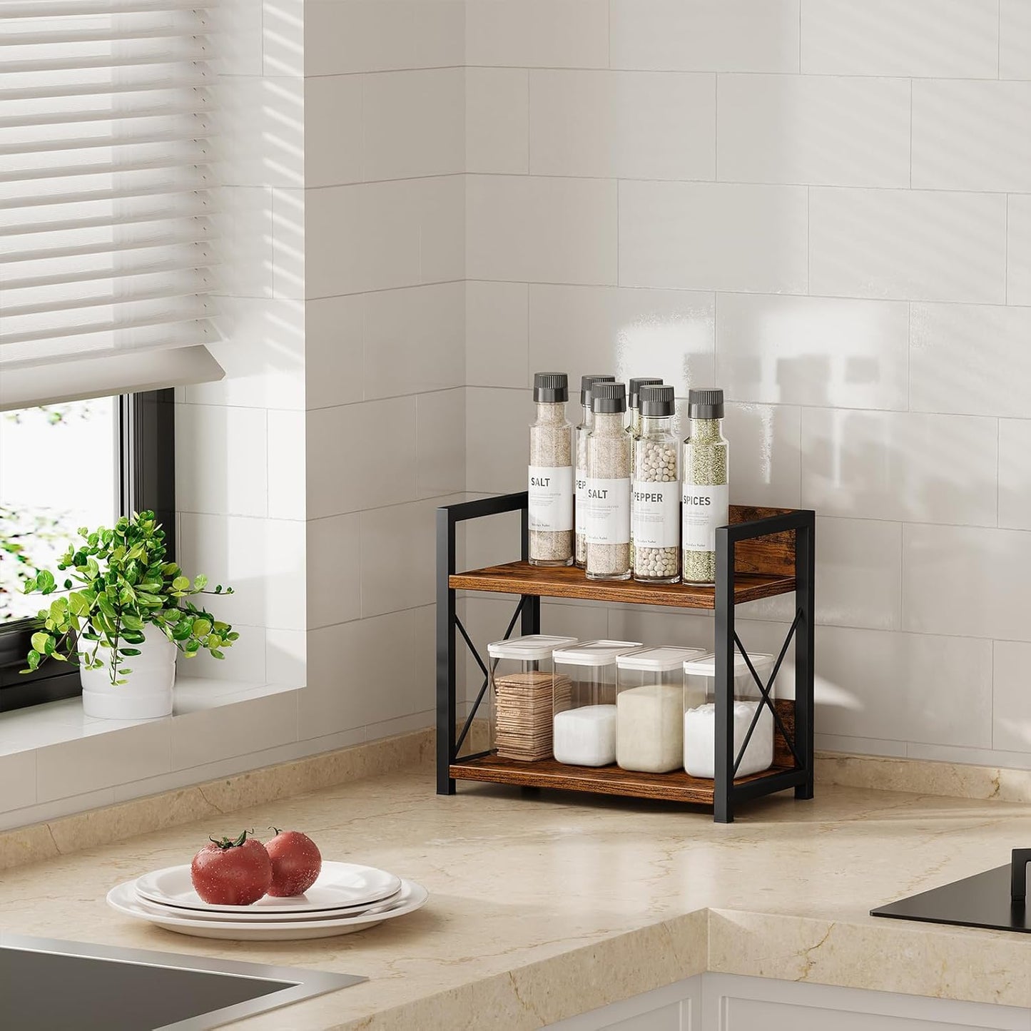 Countertop Shelf Organizer, 2 Tier Kitchen Spice Rack for Countertop, Wood Coffee Counter Shelf Organizer for Home (Brown, S)