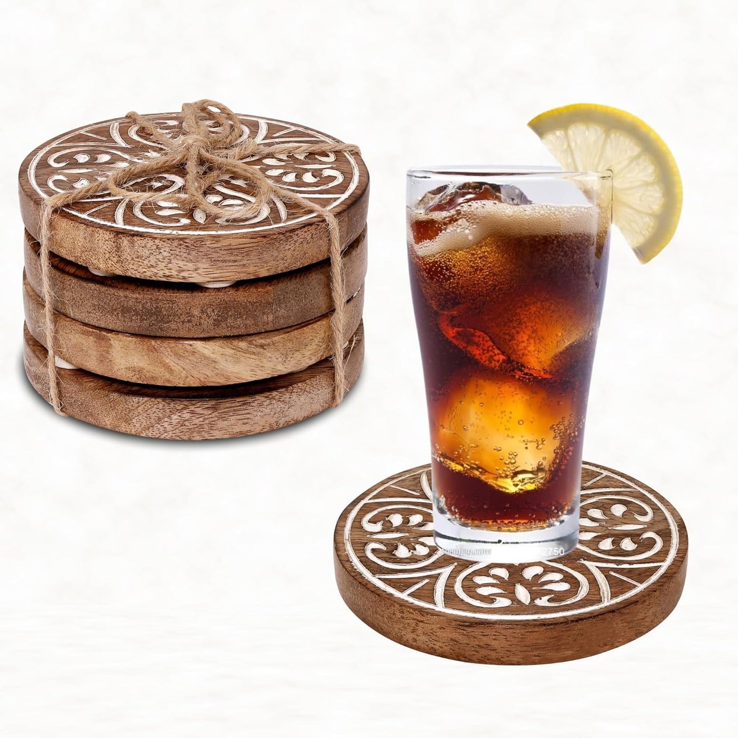 Wooden Coasters for Drinks, Natural Round Plate Coaster Set of 4, Handmade Coasters for Dining & Coffee Table Decor, Home & Kitchen for Drinking Glasses, Tabletop, 4 Inch, Brown