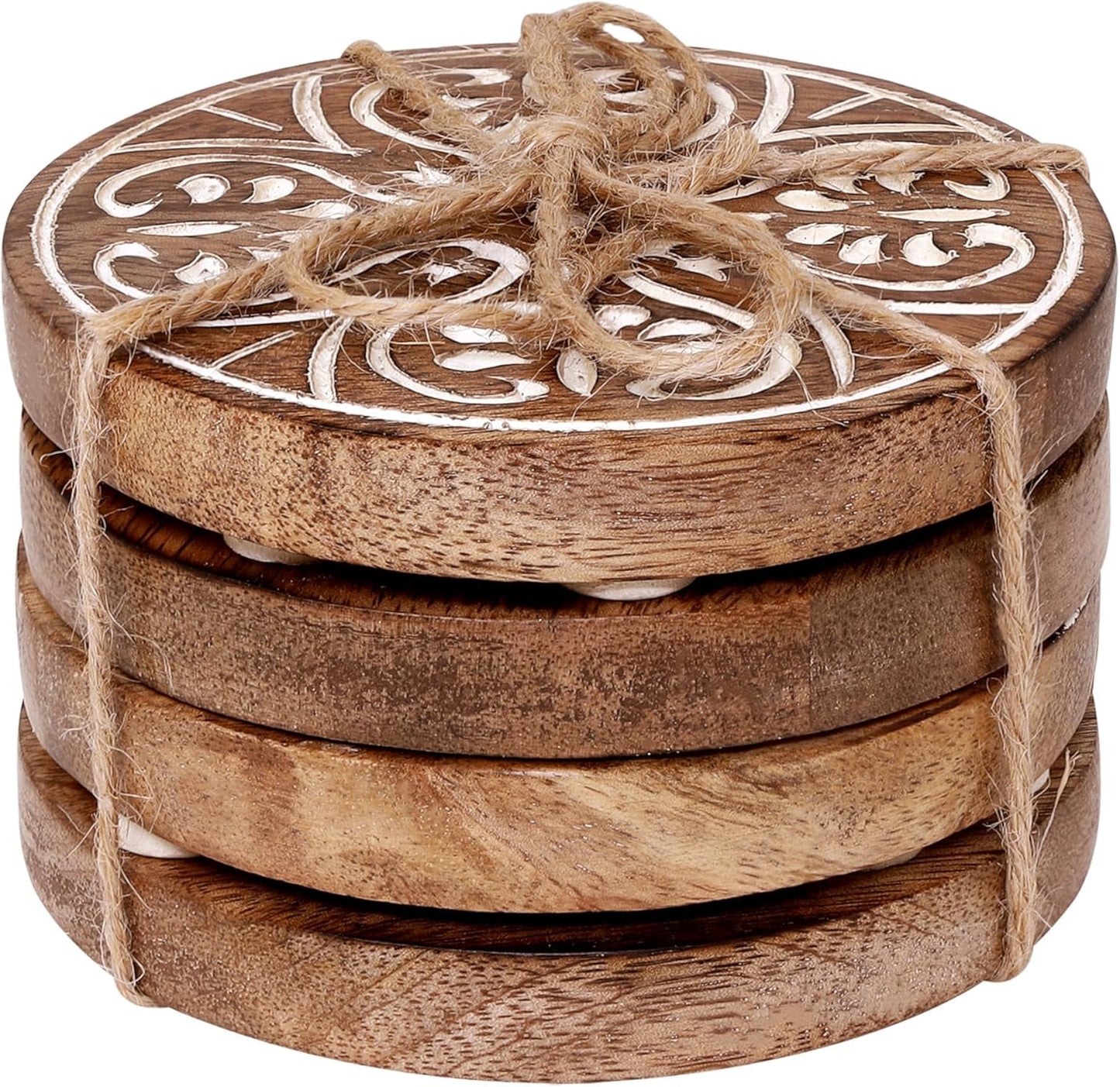 Wooden Coasters for Drinks, Natural Round Plate Coaster Set of 4, Handmade Coasters for Dining & Coffee Table Decor, Home & Kitchen for Drinking Glasses, Tabletop, 4 Inch, Brown