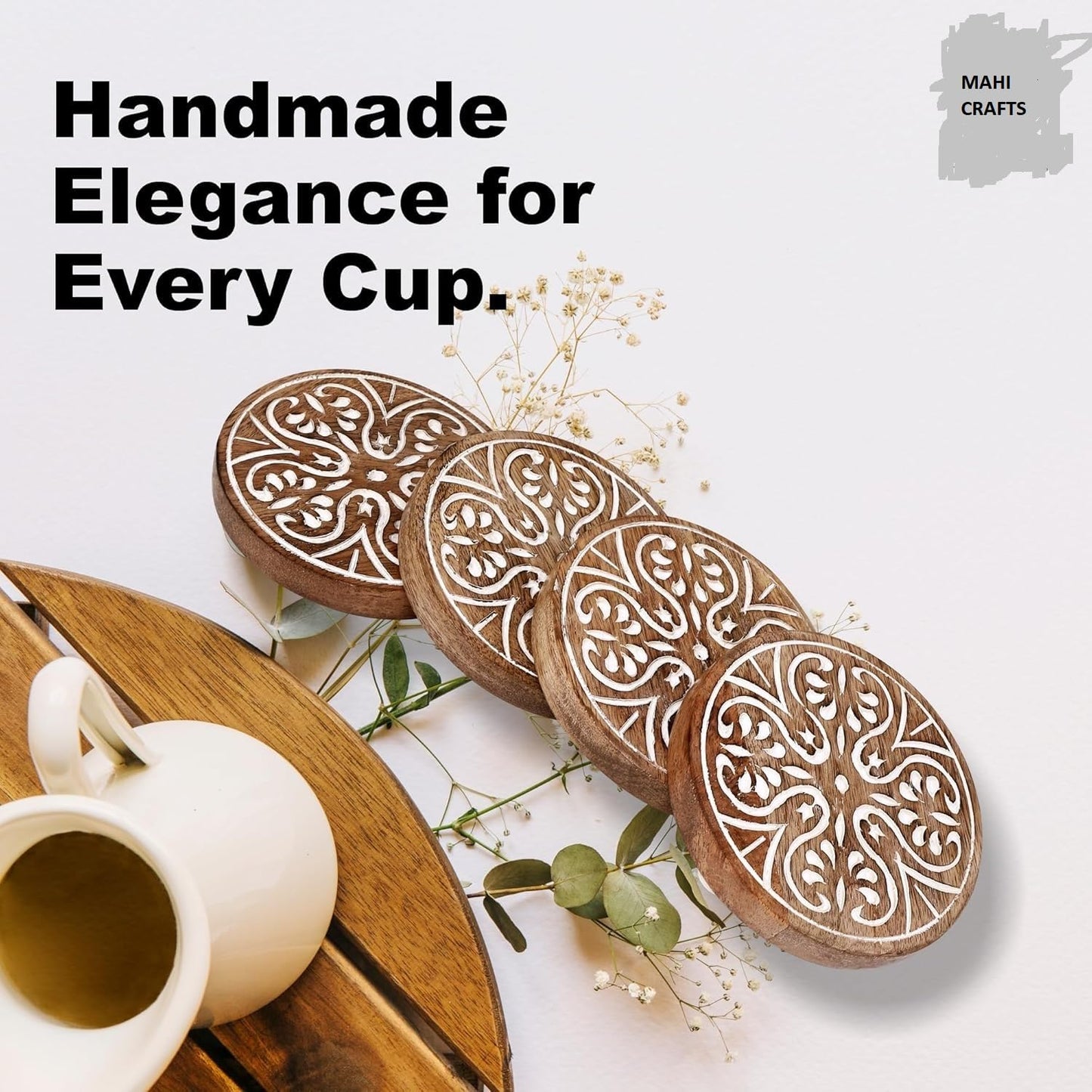 Wooden Coasters for Drinks, Natural Round Plate Coaster Set of 4, Handmade Coasters for Dining & Coffee Table Decor, Home & Kitchen for Drinking Glasses, Tabletop, 4 Inch, Brown