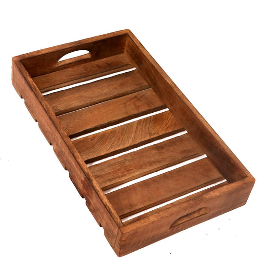 Wooden Serving Tray with Handle, Handmade Multipurpose Coffee, Tea, Breakfast, Food Platter, Modern Fatti Design Tray, Rectangular Platter for Home & Kitchen, 12X6 Inch, 1 Pcs