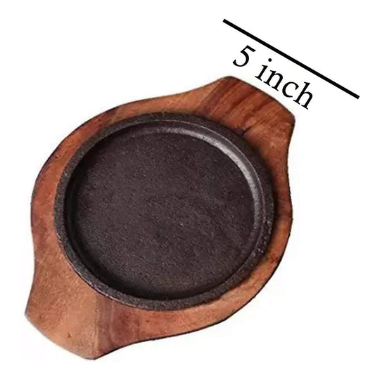 Cast Iron & Wooden Brownie Sizzler Plate/Tray with Wooden Base Wooden, Round Shape Sizzling Brownie Serving Tray for Restaurant, Hotel, Home and Kitchen 1 Pc (5 inch)