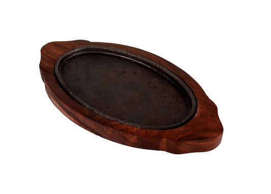 Cast Iron Sizzler Plate with Wooden Stand/Oval Sizzler Serving Tray, Brown, Size 13 x 7 inch, 1 Pcs